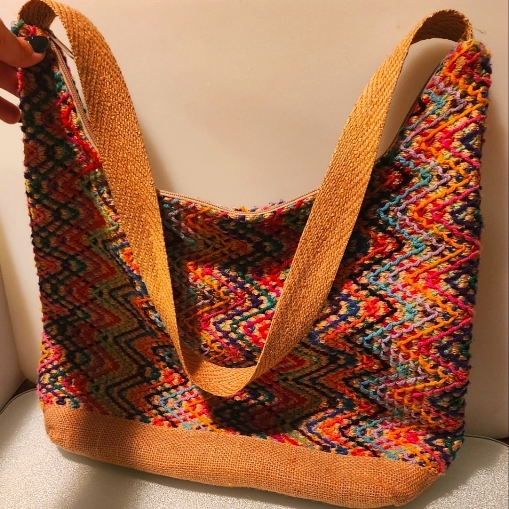 MMM Artesanias handmade burlap shoulder‎ bag made in Mexico colorful!